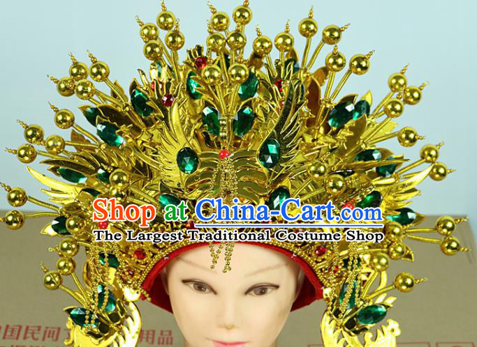 Chinese Beijing Opera Queen Green Crystal Phoenix Coronet Traditional Peking Opera Bride Hat Hair Accessories for Women