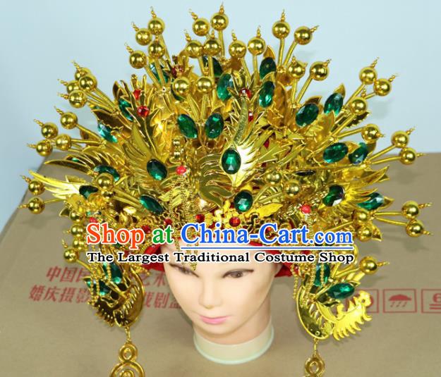 Chinese Beijing Opera Queen Green Crystal Phoenix Coronet Traditional Peking Opera Bride Hat Hair Accessories for Women