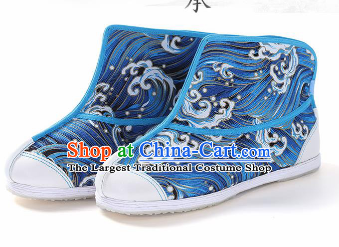 Chinese Traditional Handmade Blue Boots National Multi Layered Cloth Shoes for Men