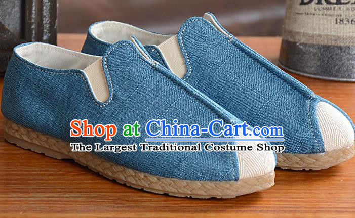 Traditional Chinese Martial Arts Shoes Handmade Blue Flax Shoes National Multi Layered Cloth Shoes for Men