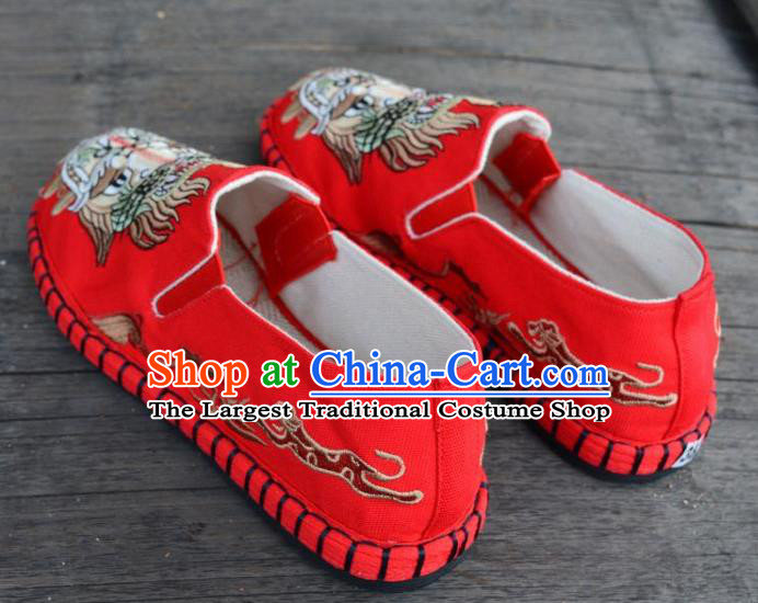 Traditional Chinese Martial Arts Embroidered Lion Shoes Handmade Red Flax Shoes National Multi Layered Cloth Shoes for Men