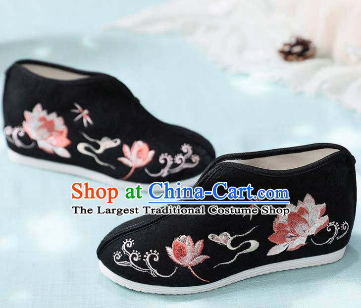 Traditional Chinese Embroidered Lotus Black Boots Handmade Cloth Shoes National Cloth Shoes for Women