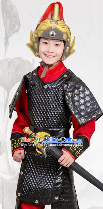 Chinese Ancient General Black Helmet and Armour Traditional Han Dynasty Swordsman Costume for Kids