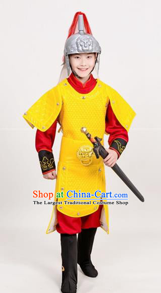 Chinese Ancient General Yellow Helmet and Armour Traditional Han Dynasty Swordsman Costume for Kids