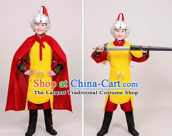 Chinese Ancient General Yellow Helmet and Armour Traditional Han Dynasty Swordsman Costume for Kids