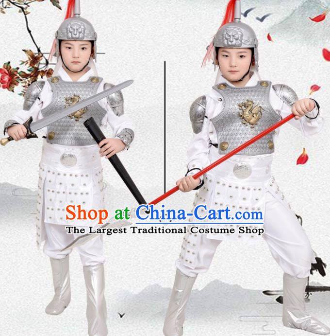 Chinese Ancient General White Helmet and Armour Traditional Han Dynasty Swordsman Costume for Kids