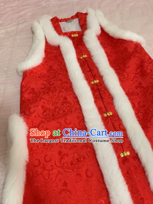 Chinese Ancient Court Winter Red Long Vest Traditional Ming Dynasty Queen Costume for Women