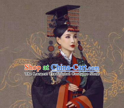 Chinese Ancient Court Queen Mother Black Dress Traditional Qin Dynasty Empress Dowager Costumes and Headpiece for Women