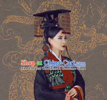 Chinese Ancient Court Queen Mother Black Dress Traditional Qin Dynasty Empress Dowager Costumes and Headpiece for Women