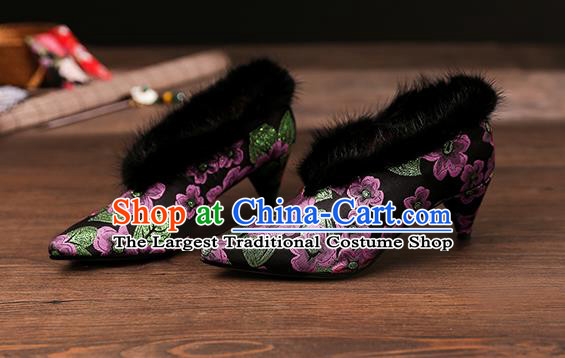 Traditional Chinese Embroidered Purple Flowers Shoes National High Heel Shoes for Women