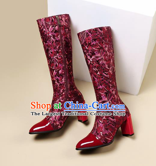 Traditional Chinese Handmade Wine Red Satin Boos National High Heel Shoes for Women