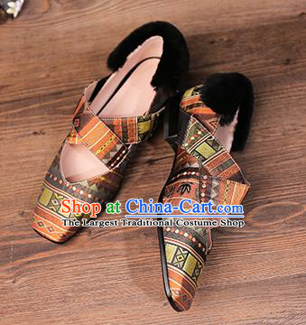 Traditional Chinese Handmade Khaki Satin Shoes National High Heel Shoes for Women