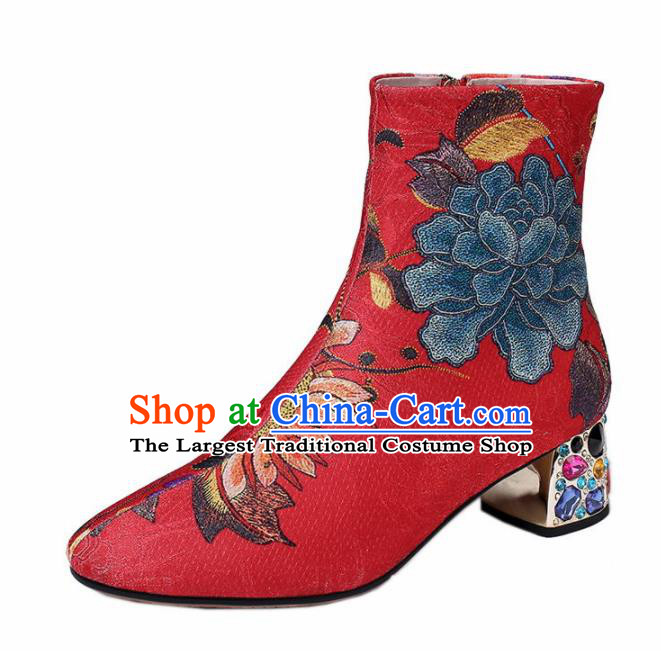 Traditional Chinese Handmade Embroidered Red Boots National High Heel Shoes for Women