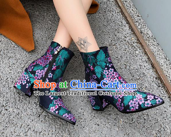 Traditional Chinese Handmade Embroidered Purple Flowers Boots National High Heel Shoes for Women