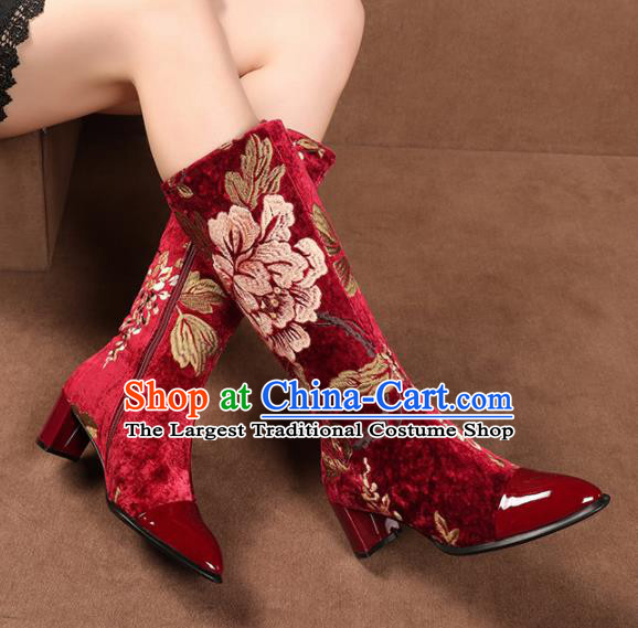 Traditional Chinese Handmade Embroidered Peony Red Long Boots National High Heel Shoes for Women