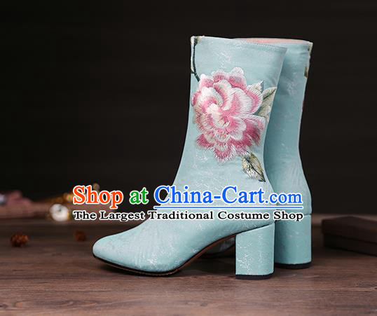 Traditional Chinese Handmade Embroidered Peony Blue Boots National High Heel Shoes for Women
