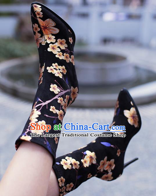 Traditional Chinese Handmade Printing Plum Black Boots National High Heel Shoes for Women