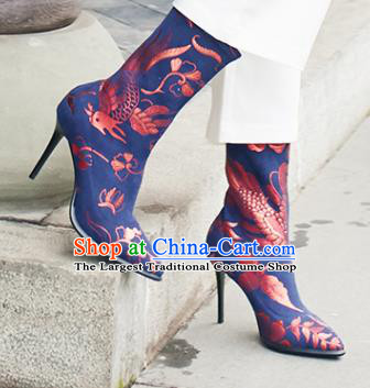 Traditional Chinese Handmade Printing Plum Navy Boots National High Heel Shoes for Women