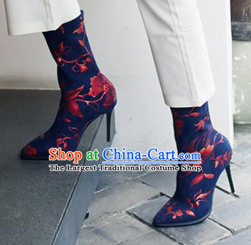 Traditional Chinese Handmade Printing Plum Navy Boots National High Heel Shoes for Women
