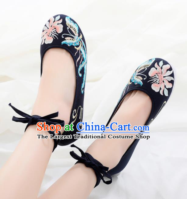 Traditional Chinese Handmade Embroidered Butterfly Black Shoes National Cloth Shoes for Women