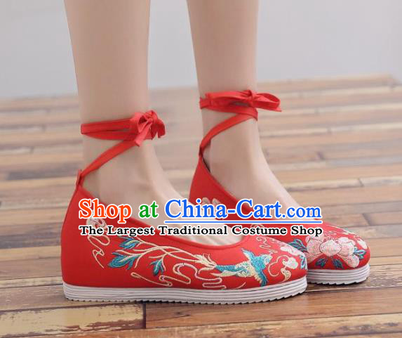 Traditional Chinese Handmade Embroidered Flower Bird Red Shoes Hanfu Shoes National Cloth Shoes for Women