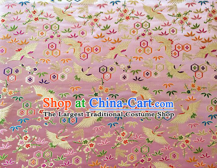 Asian Japan Traditional Plum Crane Pattern Design Pink Brocade Damask Fabric Kimono Satin Material