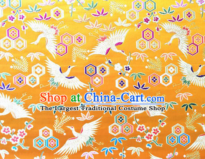 Asian Japan Traditional Plum Crane Pattern Design Golden Brocade Damask Fabric Kimono Satin Material