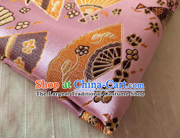 Asian Japan Traditional Folding Fan Pattern Design Pink Brocade Damask Fabric Kimono Satin Material