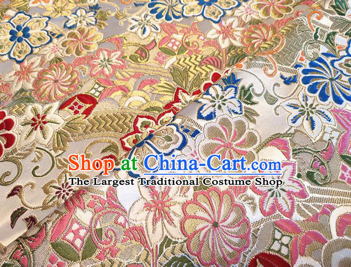 Asian Japan Traditional Sakura Daisy Pattern Design Beige Brocade Damask Fabric Kimono Satin Material