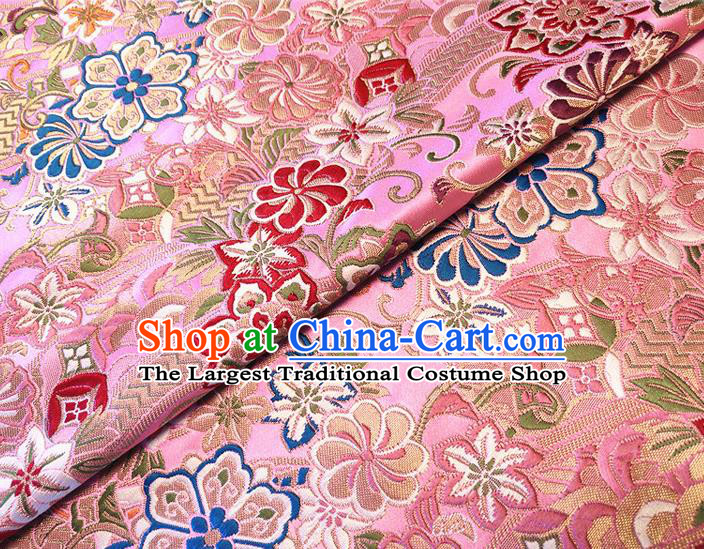 Asian Japan Traditional Sakura Daisy Pattern Design Pink Brocade Damask Fabric Kimono Satin Material