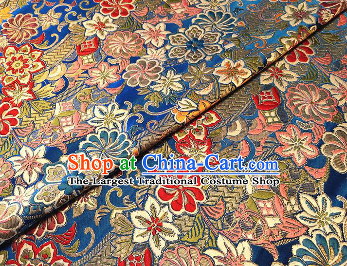 Asian Japan Traditional Sakura Daisy Pattern Design Royalblue Brocade Damask Fabric Kimono Satin Material