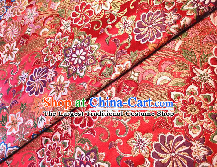 Asian Japan Traditional Sakura Daisy Pattern Design Red Brocade Damask Fabric Kimono Satin Material
