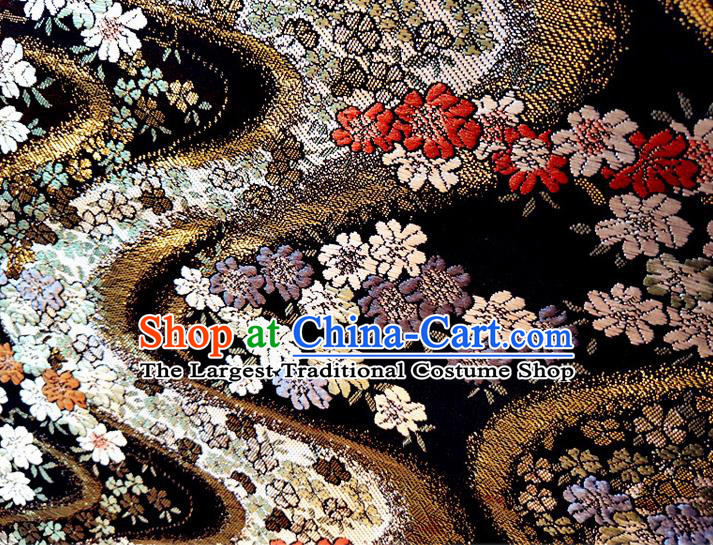 Asian Japan Traditional Cherry Blossom Pattern Design Black Brocade Damask Fabric Kimono Satin Material