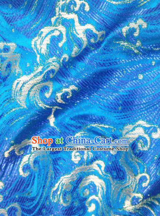 Asian Japan Traditional Wave Pattern Design Blue Brocade Damask Fabric Japanese Kimono Satin Material