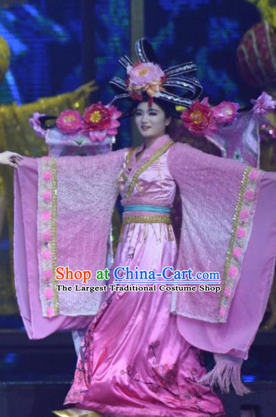 Chinese The Romantic Show of Sanya Dance Pink Dress Stage Performance Costume and Headpiece for Women