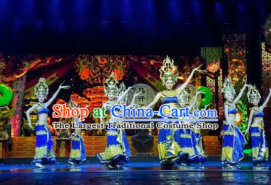 Chinese The Romantic Show of Lijiang Peacock Dance Blue Dress Stage Performance Costume and Headpiece for Women