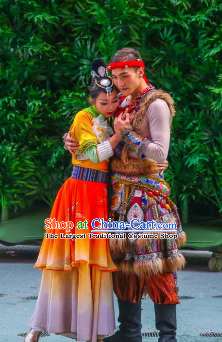 Chinese The Romantic Show of Lijiang Stage Performance Zhuang nationality Dance Costumes for Women for Men