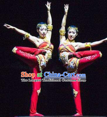 Chinese The Romantic Show of Sanya Red Dress Stage Performance Folk Dance Costume and Headpiece for Women