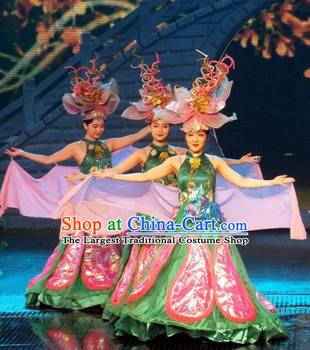 Chinese The Romantic Show of Songcheng Dance Green Dress Stage Performance Costume and Headpiece for Women