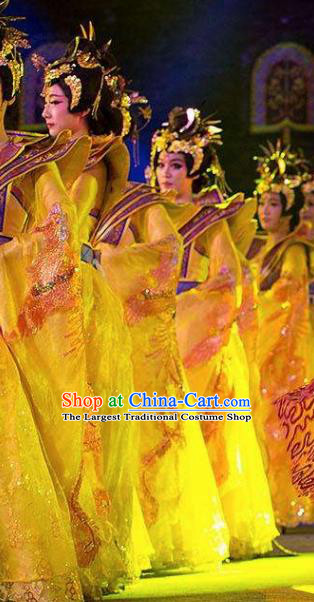 Chinese Chang An Impression Ancient Court Queen Dance Yellow Dress Stage Performance Costume and Headpiece for Women