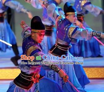 Chinese Chang An Impression Ancient Tang Dynasty Swordsman Stage Performance Blue Costume for Men