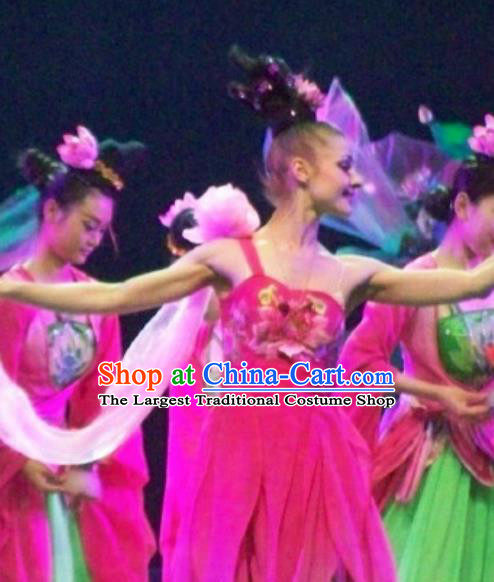 Chinese Back to Song Dynasty Classical Lotus Dance Rosy Dress Stage Performance Costume for Women
