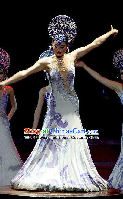 Chinese Magic Ganpo Classical Dance Dress Stage Performance Costume and Headpiece for Women