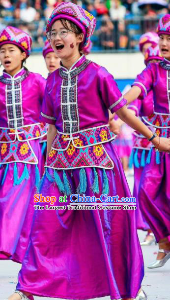 Chinese Dragon Boat Song Tujia Nationality Ethnic Dance Purple Dress Stage Performance Costume and Headpiece for Women