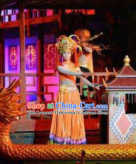 Chinese Dragon Boat Song Tujia Nationality Ethnic Dance Orange Dress Stage Performance Costume and Headpiece for Women