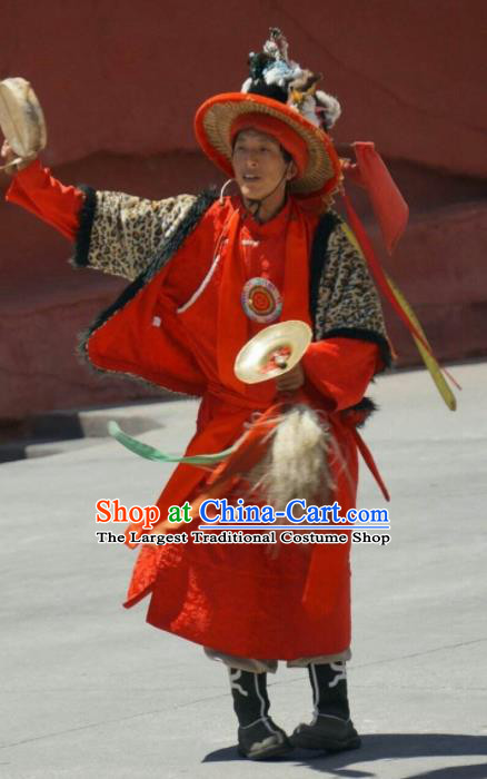 Chinese Impression of Lijiang Naxi Nationality Ethnic Dance Red Clothing Stage Performance Costume for Men