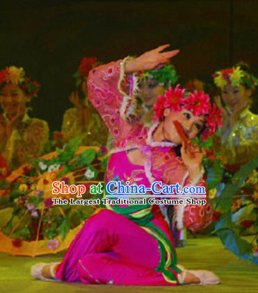 Chinese Hui Nationality Wedding Ethnic Bride Dance Rosy Dress Stage Performance Costume and Headpiece for Women