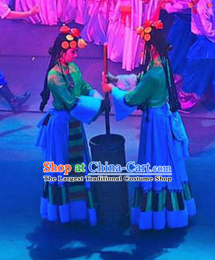 Chinese Lishui Jinsha Zang Nationality Dance Dress Ethnic Stage Performance Costume and Headpiece for Women