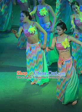 Chinese Lishui Jinsha Dai Nationality Peacock Dance Dress Ethnic Stage Performance Costume and Headpiece for Women