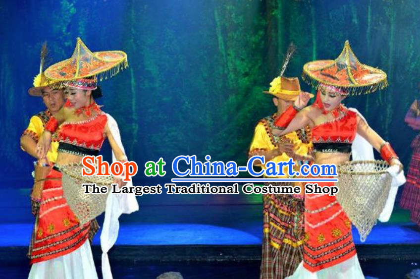 Chinese Lishui Jinsha Dai Nationality Dance Red Dress Ethnic Stage Performance Costume and Headpiece for Women